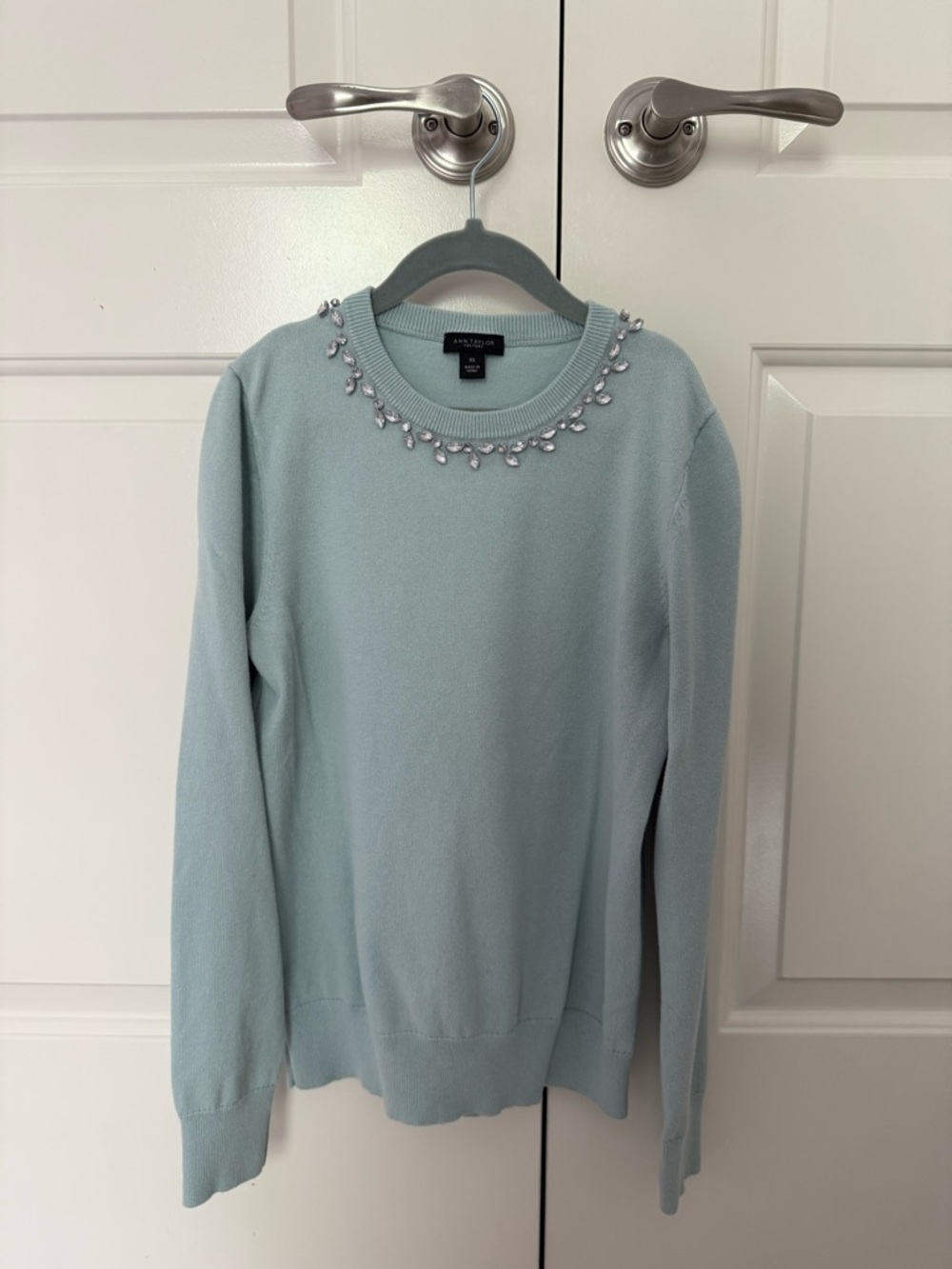 Ann Taylor Light Blue Embellished Crewneck Sweater